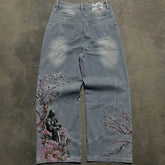 American Vintage Cherry Blossom Pattern Embroidered Blue Jeans Y2K Street Wild Straight Wide-leg Trousers