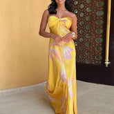 Yellow Printed Halter Satin Dress Hollow Off Shoulder Bohemian Dress Sleeveless Slim Party Long Dresses