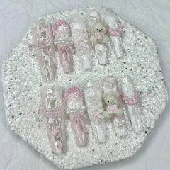 10PCS Cute Pink Blue Lolita French Lace Handmade Press On Nails 3D Teddy Bear Bow Pearl Fake Nails Sweet Elegant Long Nail Art