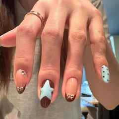 10pcs Handmade French Short Press On Nails Blue Brown Polka Dot Bow Star Design Fake Nail Wearable Nail Art Tips
