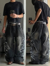 Y2K vintage black thorn Printing baggy jeans harajuku trend brand street hip hop casual couple Wide-leg pants