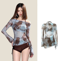 Korean Sports Three-Piece Multi-Color Printing Sling Low-Cut High-Waist Body Suit Shorts Side Drawstring Sweet Swimsuit