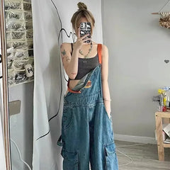 Cool Girl Style Embroidered Spicy Ink Denim Strap Jumpsuits /Large Loose