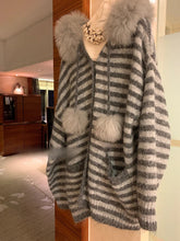Harajuku Long Sleeve Hooded Cardigan Knit Casual Sweet Striped Sweater Pure Color Faux Fur Collar Streetwear