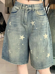 High Waist American Retro Washed Wide Leg Jeans Girls Street Do Old Star Loose Denim Pants Blue Knee Length Shorts
