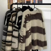 Soft Faux Mink Stripe Color Block Sweater Loose Design Lazy Style Knitted Top Thick Suitable