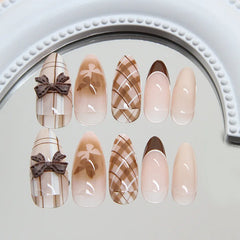 24Pcs Brown Plaid Press on Nails French Bow False Nail Medium Almond Atmosphere Wearable Nail