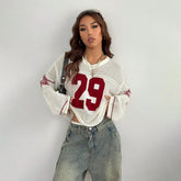 Y2K Style Sports Jersey Knitted Topsable Digital Printed Round Neck Long Sleeve Jumper Street Trend