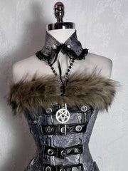 Gothic Retro Fur Trim Corset Design Suit Y2k Slim Lolita Elegant 2 Piece Sets Korea Style Chic Outfits