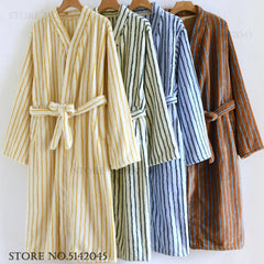 Robe Home Dress Thicken Flannel Bathrobe Kimono Gown Loose Print Stripe Sleepwear Coral Fleece Loungewear
