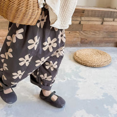 1639C Children Pants Flower Print Girl's Pant Washed Cotton Harem Pants 1-7Year Boy's Casual Pants Trousers
