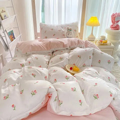Ins-style Class A ultra-soft double-layer yarn washed cotton 4-piece set, cute quilt cover, student dormitory single