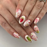 Short Round Head Fake Nails Sweet Strawberry Cherry Flower Bowknot Printed 24Pcs Press On Nails