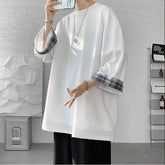 t shirts T-shirts Oversized 2XL Korean Style Loose Plaid T-shirt Casual Seven sleeves T-Shirt Male White