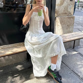 CandyElegant Square-neck White Maxi Dress Casual Slim Lace Up Sleeveless Dreses French Party Beachwear Vestidos