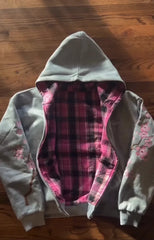 Y2K Vintage Cherry Blossom Embroidery Zipper Hoodie Harajuku Loose Reversible Simple Grid Jacket Pink Coat Streetwear