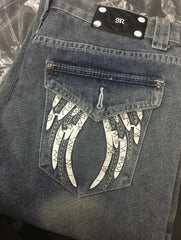 Y2K American Embroidery Diamond Retro Punk Low Waist Casual Jeans Blue Jeans Wings Pattern High Street Slim Leg Pants