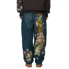Harajuku Flower Embroidery Baggy washed jeans Y2K Vintage 2000s streetwear American Gothic Pants wide leg pants