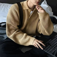 Laid-back Japanese Style Polo Neck Knitwear Hoodie American Retro High-End Crew Neck Pullover Student Top