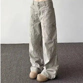 American Retro High Street Pocket Design Jeans Loose Casual Straight Leg Vibe Wide Leg Floor-Length Trendy Pants