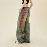 American Style Vintage Striped Patchwork Jeans High Street Trendy Brand Loose Fit Straight Leg Casual Workwear Wide Leg