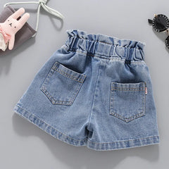 Girls Denim Shorts Korean Children's Pleated Jeans 4-12Years Teens Girls Short Jeans Pearl Decoration
