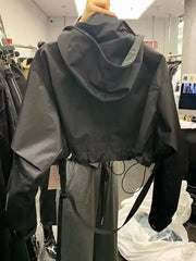 Short Hooded Jacket Black Loose Motorcycle Coats Street Windbreak Short Basic Coat
