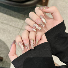 10pcs Handmade Press On Nails Hand-painted Flower Glossy Purple Cat's Eye False Nails Pearl Decor French Style Fake Nail