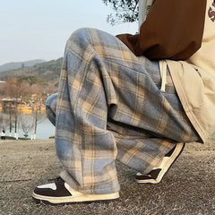 Vintage American Style Tweed Plaid Pants Loose Straight Wide Leg Casual Trousers Trendy Brand Punk Rock Streetwear