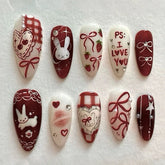 24PCS Wine Red Almond Press on Nails Cartoon Rabbit Bowknot with Plaid Pearl Designs French Fake Nails