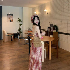 Red Plaid Off-Shoulder Dress Slim Fit Waist-Cinching Long Skirt V-neck Midi Dress Polyester Fiber Sleeveless