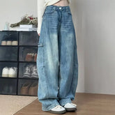 Women' Curved Straight Wide Leg Light Blue Jeans Young Girl Denim Trousers Vintage Street Style Bottoms High Waisted Pant