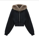 Black Fur Collar Zipper Sweatshirt Simple Furry Collar Zipper Hooded Sweatshirt Vintage Y2k Zipper Hooded Sweatshirt