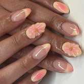 Pink Yellow Halo Dyeing Flower Water Ripple False Nails Leopard Long Pointed Fake Nails Art Press on Nails Charm Manicure