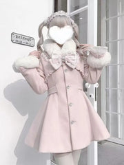 Design Elegant Pink Slim Woolen Cloth Coat Kawaii Sweet Warm Fur Collar Bow Lace Patchwork Casual Overcoat
