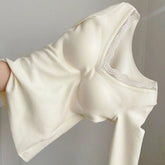 Lace Basic Top With Padding Bra V neck Warm Fleece Long sleeve T shirt Apricot White Lady Casual Blouse Underwear Tees