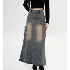 Y2k High Waist Denim Ankle Length Cargo Skirts Girls Robe Cool Wrap Dress Retro Blue A Line Long Jeans Skirts