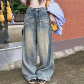 Vintage Chicly Button Jeans American Simple Baggy High Waisted Denim Pants Washed Y2K Wide Leg Jean Trousers
