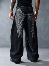 Y2K Black Trend Dressing Up Korean Style Simple Baggy Angel Printed Jeans Necessary Solid Retro Straight Pants
