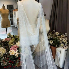 Elegant Beaded Pearl Bridal Cape Veil Off Shoulder Bolero Shawl Wedding Jacket