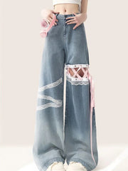 American Sweet Pantalones De Mujer Lace Patchwork Bandage High Waist Casual Loose Jeans Preppy Style All Match Clothing