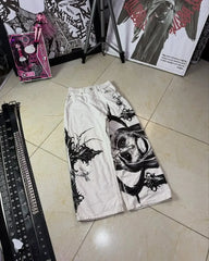 Y2K Goth Streetwear Cargo Pants Beige Wide Leg Trousers with Red Floral Graffiti Print Loose Fit Casual Punk Hip Hop Bottoms
