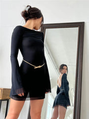 Long Black Dress Solid Colors Casual Floral Print Long Sleeve Backless Slim Fit A-line Dress