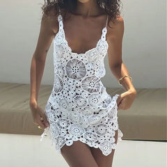 Combhasaki Boho Knitted Crochet Halter Neck Swimsuit Coverups VNeck Hollow Out Irregular Hem Short Mini Beach Dress