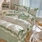 Green Princess Bedding Set Double Layer Lace Bow Quilt Cover Sheet