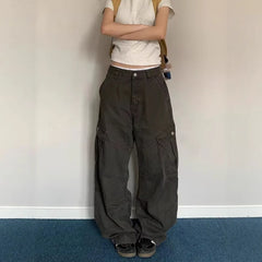 Adjustable Waist American Retro Loose Straight Leg Work Trousers Multiple Pockets Cleanfit Long Pants Comfortable Casual