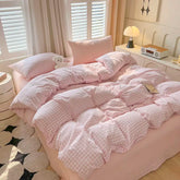 Ins Pink Plaid Bedding Set No Filler Twin Queen Size Comforter Cover Flat Sheet Pillowcase Girls Boys Solid Blanket Duvet Duvet