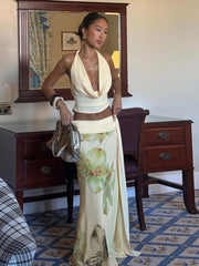 Weird Puss Elegant 3 Piece Set Stack Trend Halter Tops+Split Tassel Tassel+Flowers Mesh Skirts Matching Vacation Clubwear