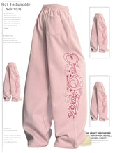 Pink Wide Leg Sweatpants Letter Print Drawstring Waist Casual Streetwear Trousers
