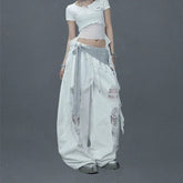 Street White Patchwork Ripped Pants Hiphop Lace Hollow Out Sheer Wide Leg Pants American Vintage Loose Casual Lazy Jazz Trousers